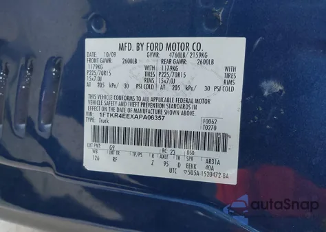 2010 Ford Ranger Sport/Xlt z USA, uszkodzony, nr VIN 1FTKR4EEXAPA06357